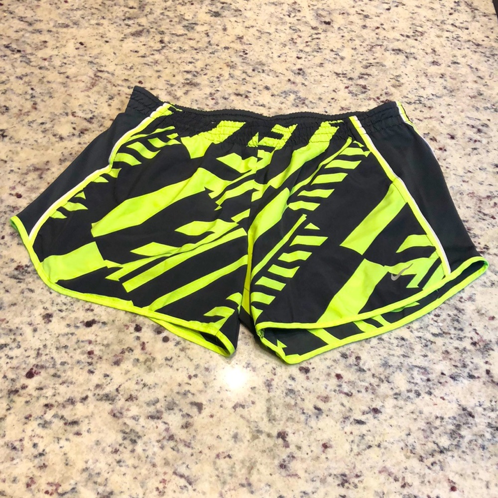 Nike Womens Dri-Fit Running shorts, lime green and black, size Medium